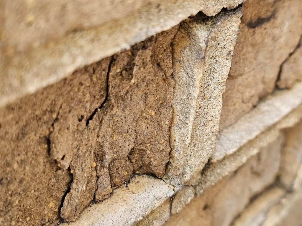 cracking that runs down within the remaining face of the brick